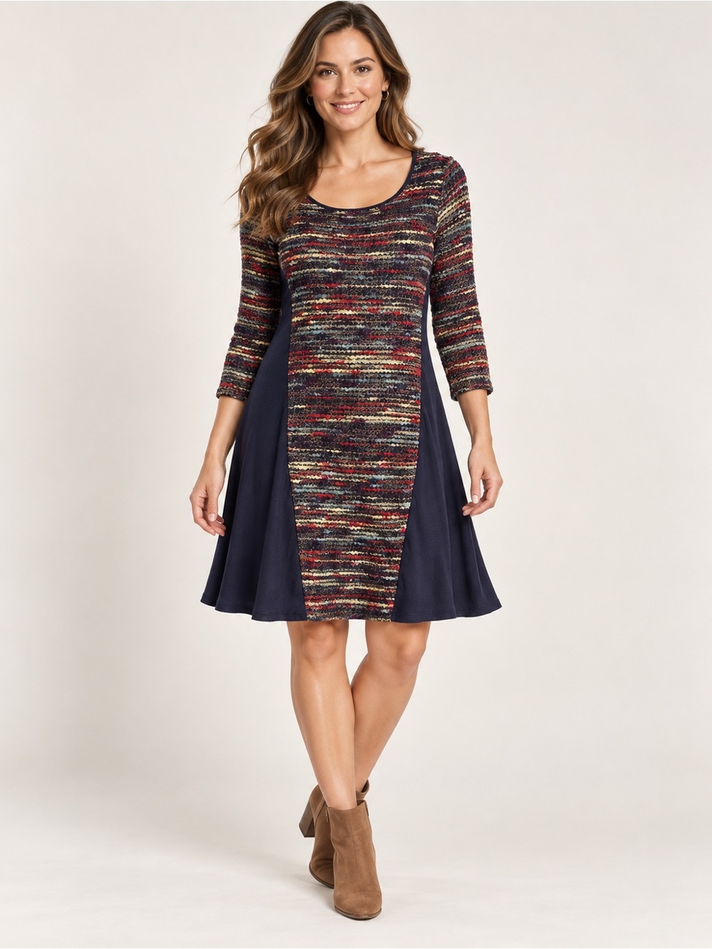 Anthropologie Maeve Multicolor Bouclé Knit A-Line Dress Small Navy 3/4 Sleeve